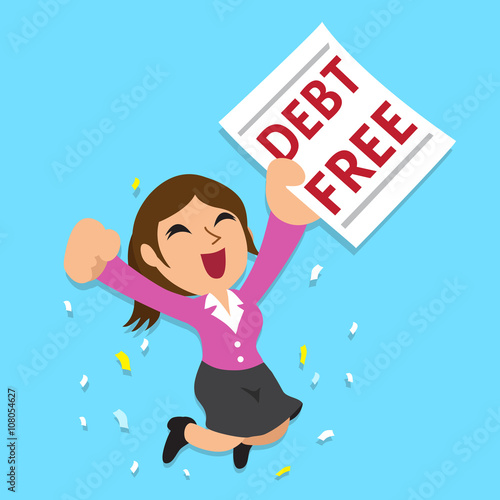 Cartoon businesswoman with debt free letter