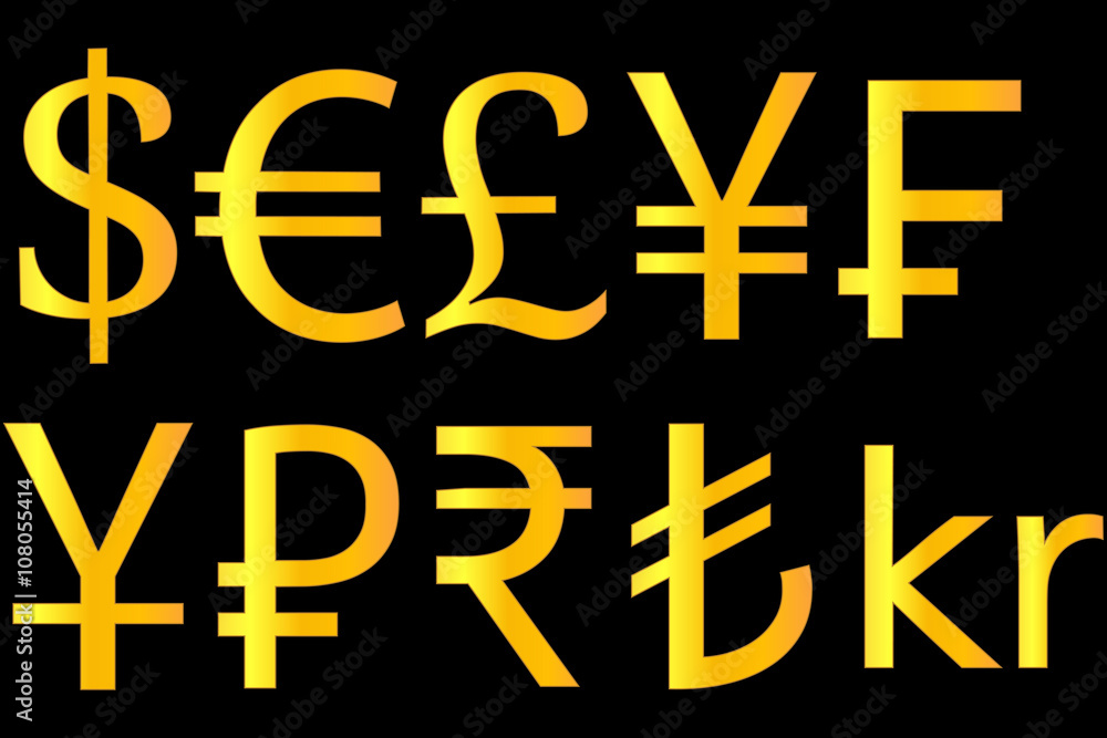 Golden Currencies Symbols Dollar Euro Pound Yen Swiss Franc Yuan Ruble Rupee Turkish Lira Krone 2 Golden Currencies Symbols Dollar Euro Pound Yen Swiss Franc Yuan Ruble Rupee Turkish Lira Krone 2