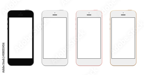 Set of Smartphones with blank screen in four colors white, rose, gold and black, isolated on white background