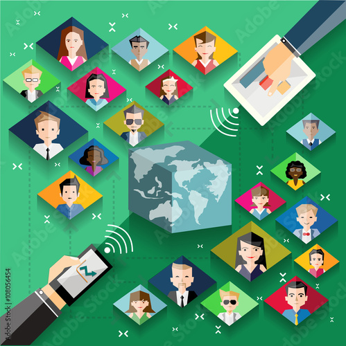 business, people, international communication and technology concept - close up of hands pointing finger to tablet pc computer screen with world map and internet contacts network on table