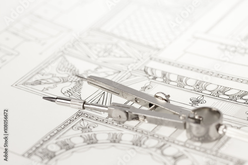 Wallpaper Mural drawings of architectural details - columns element & compass Torontodigital.ca