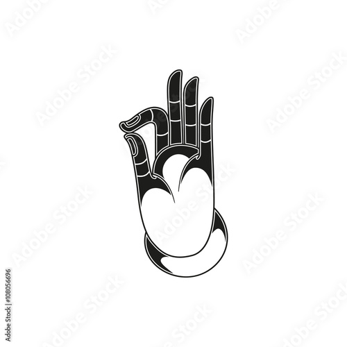 Vector illustration in black and white with hand in pose Jnana or Chin mudra and buddhist sign Om.