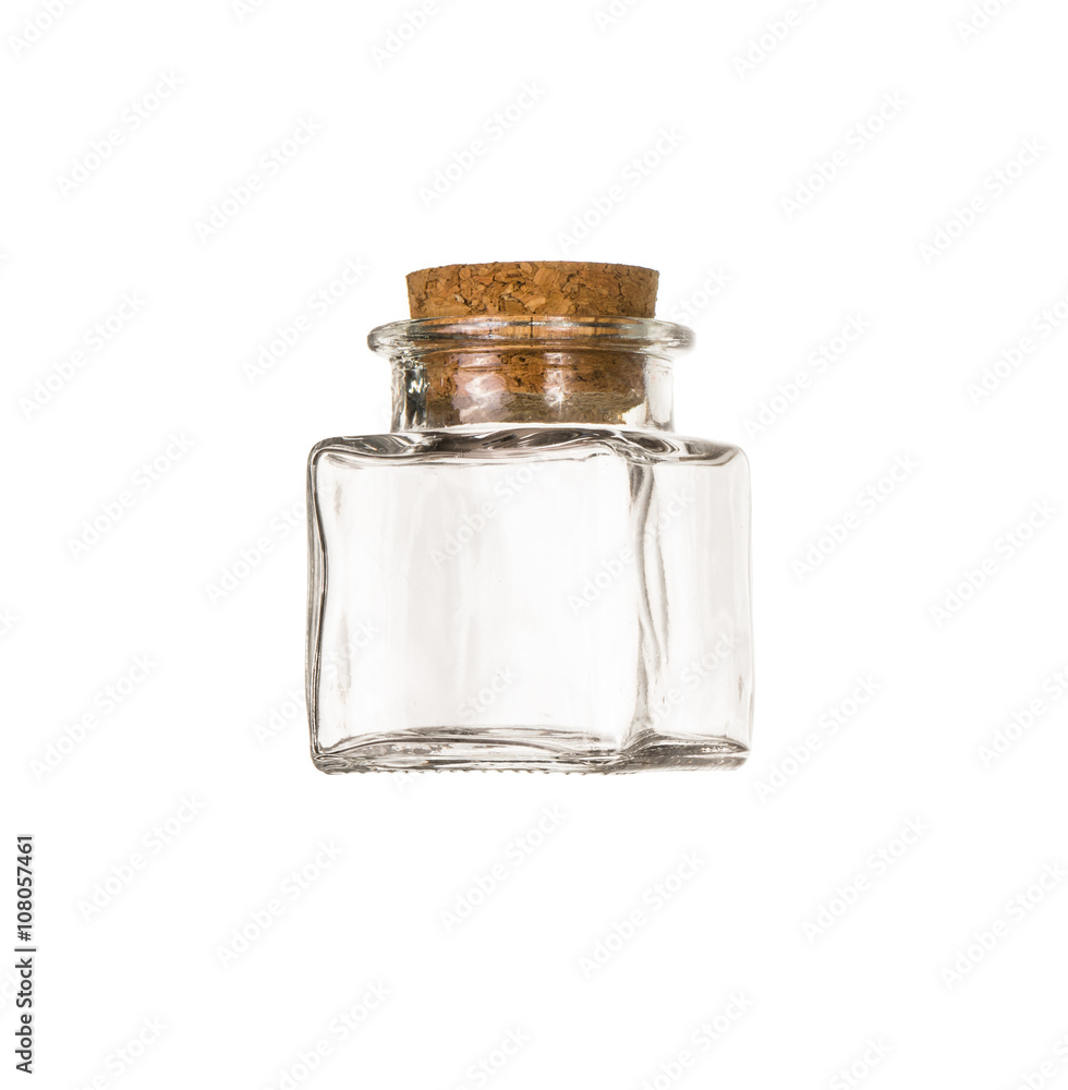 Closed transparent empty jar closed with cork bung, isolated ove Closed transparent empty jar closed with cork bung, isolated ove
