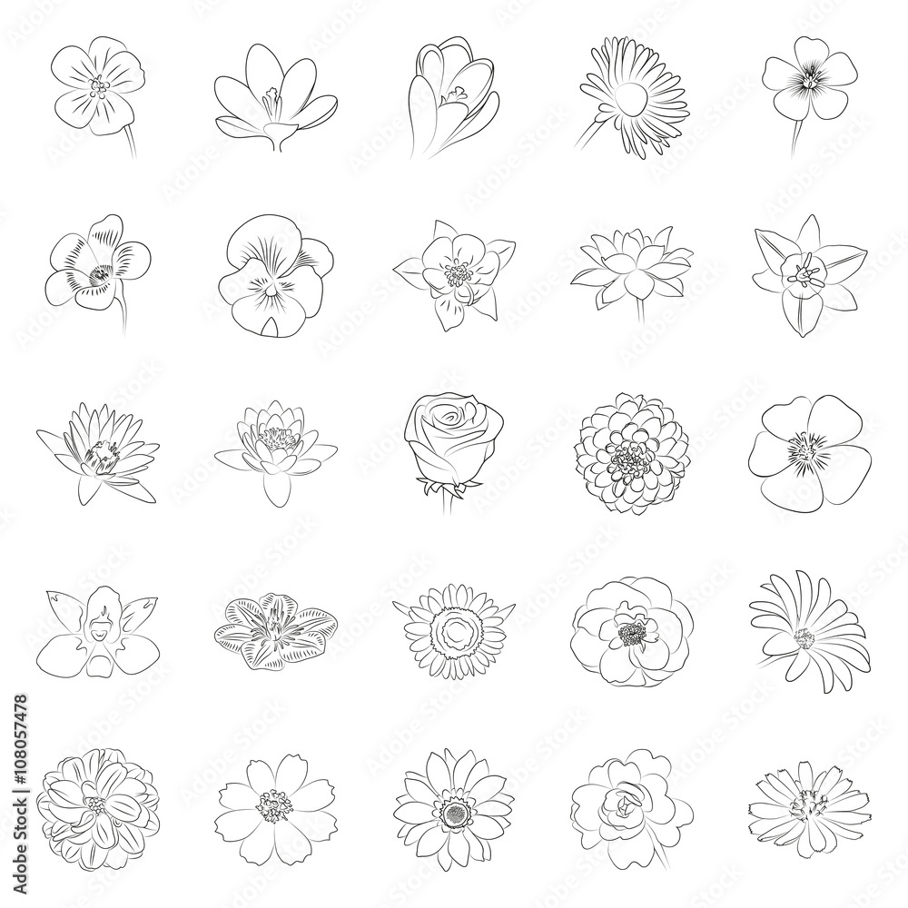 simple black outline flower icon set on white background