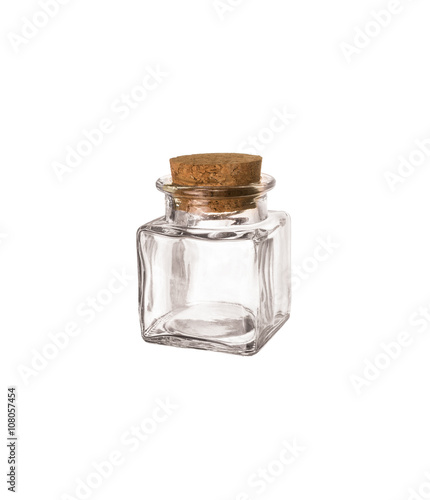 Closed transparent empty jar closed with cork bung, isolated ove