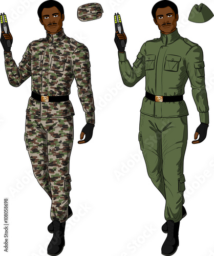 African male in green khaki holds taser