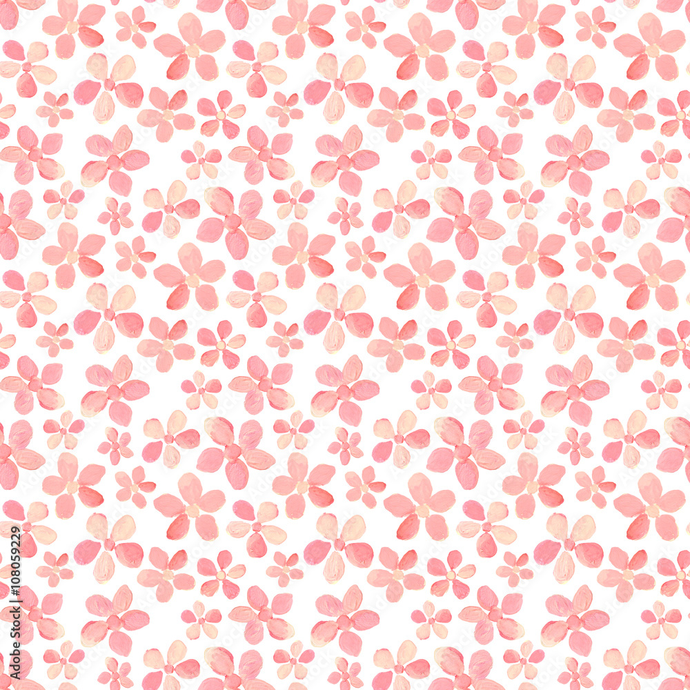 Seamless pattern with little pink watercolor flowers white background