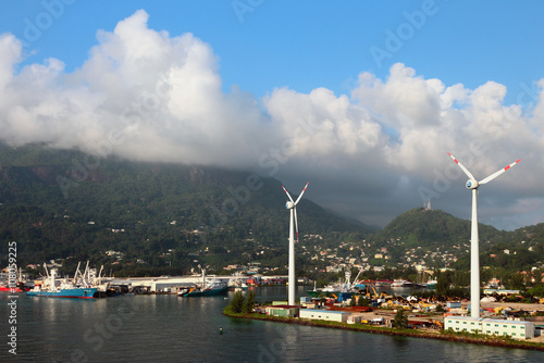 Water area of port and wind generators. Victoria, Mahe, Seychelles