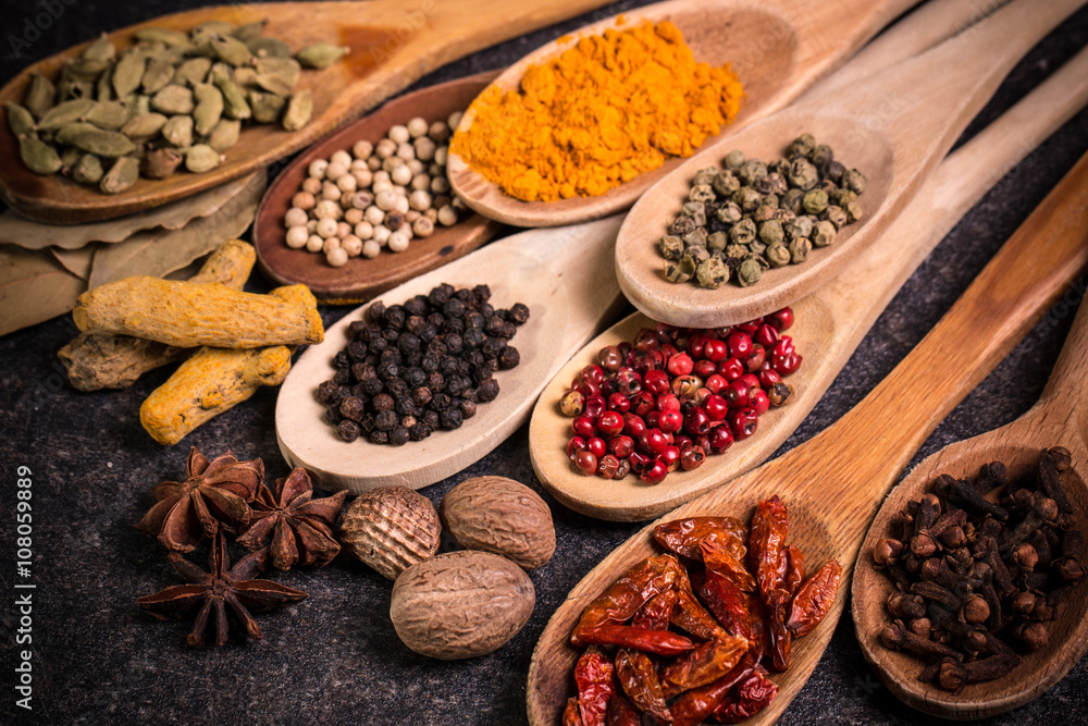 spices and herbs on wooden table , medicinal concept spices and herbs on wooden table , medicinal concept