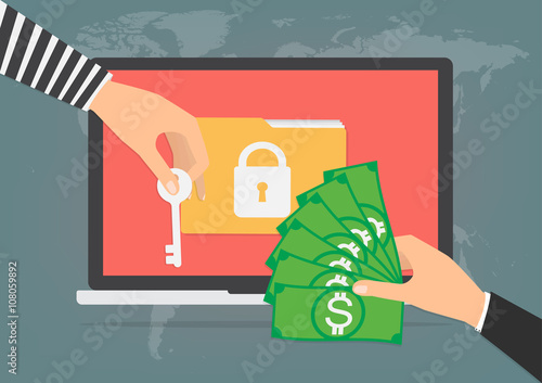 Businessman hand holding money banknote for paying the key from hacker.