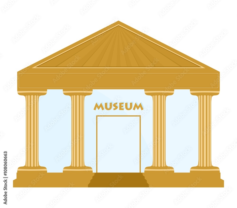 Gold museum building with columns, roofs, stairs and glass door with a sign over the door museum on a white background Gold museum building with columns, roofs, stairs and glass door with a sign over the door museum on a white background