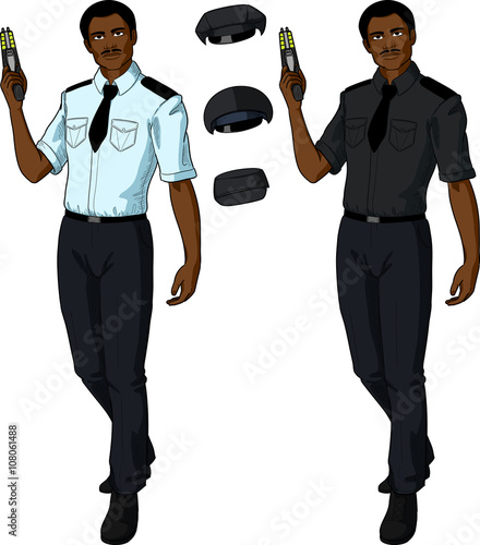 African male police officer holds taser