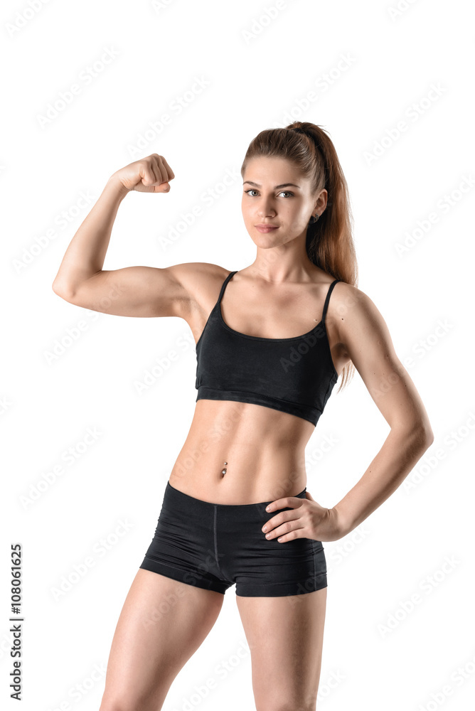 Cutout portrait of young strong muscular woman flexing her biceps Stock  Photo