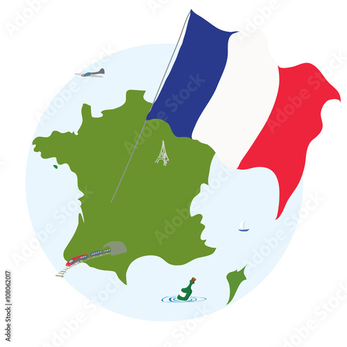 journey under the flag of France/vector scheme the territory of the French Republic with flag
