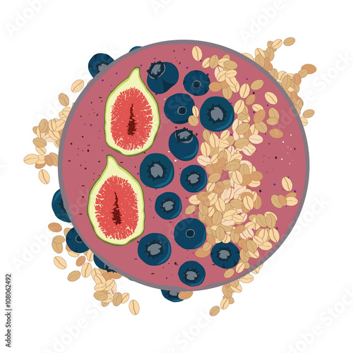 Healthy breakfast vector illustration. Yougurt with fig, granola, blueberry and muesli served in glass jar on white background.  Acai smoothie bowl thick topped with chia, oatmeal and fruit.
