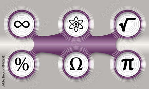 Dark purple circular object and six math icons