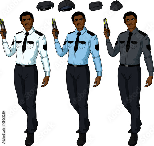 African male police officer holds taser