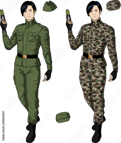 Asian male in green khaki holds taser