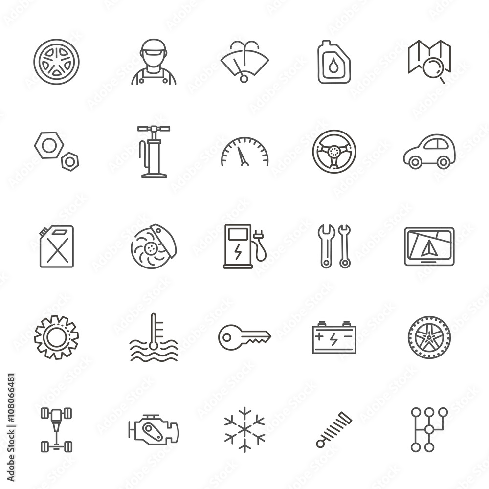 Outline icons. Car parts and services Outline icons. Car parts and services