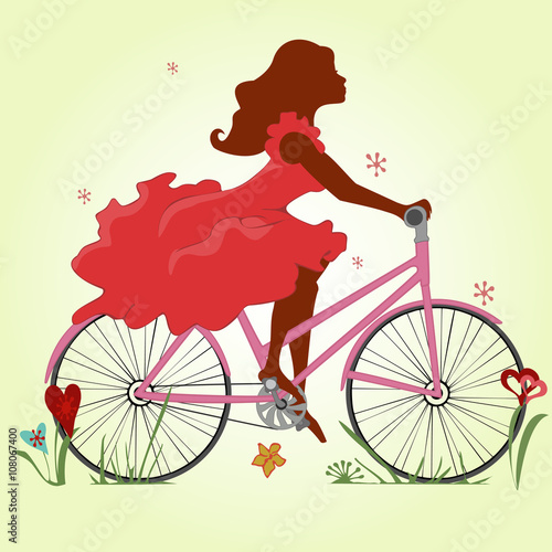 A young girl in a red dress rides a Bicycle. Vector illustration. Square location.