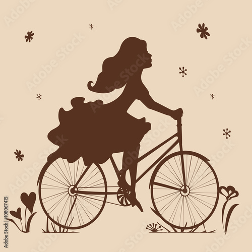 Silhouette of a girl on a bike in brown tones. Vector illustration . Square location.