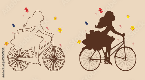 Silhouettes girls on Bicycle. 2 options on a beige background. Vector illustration . Horizontal location.