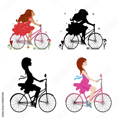 Set pregnant and non-pregnant girls riding bikes. Vector illustration.Square location.
