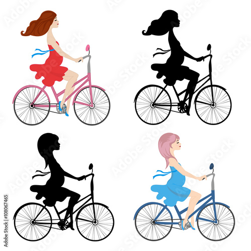 Set of pregnant women riding a bike. Vector illustration. Square location.