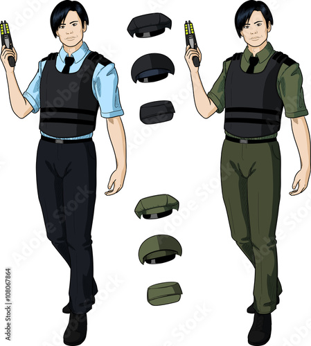 Asian male police officer holds taser