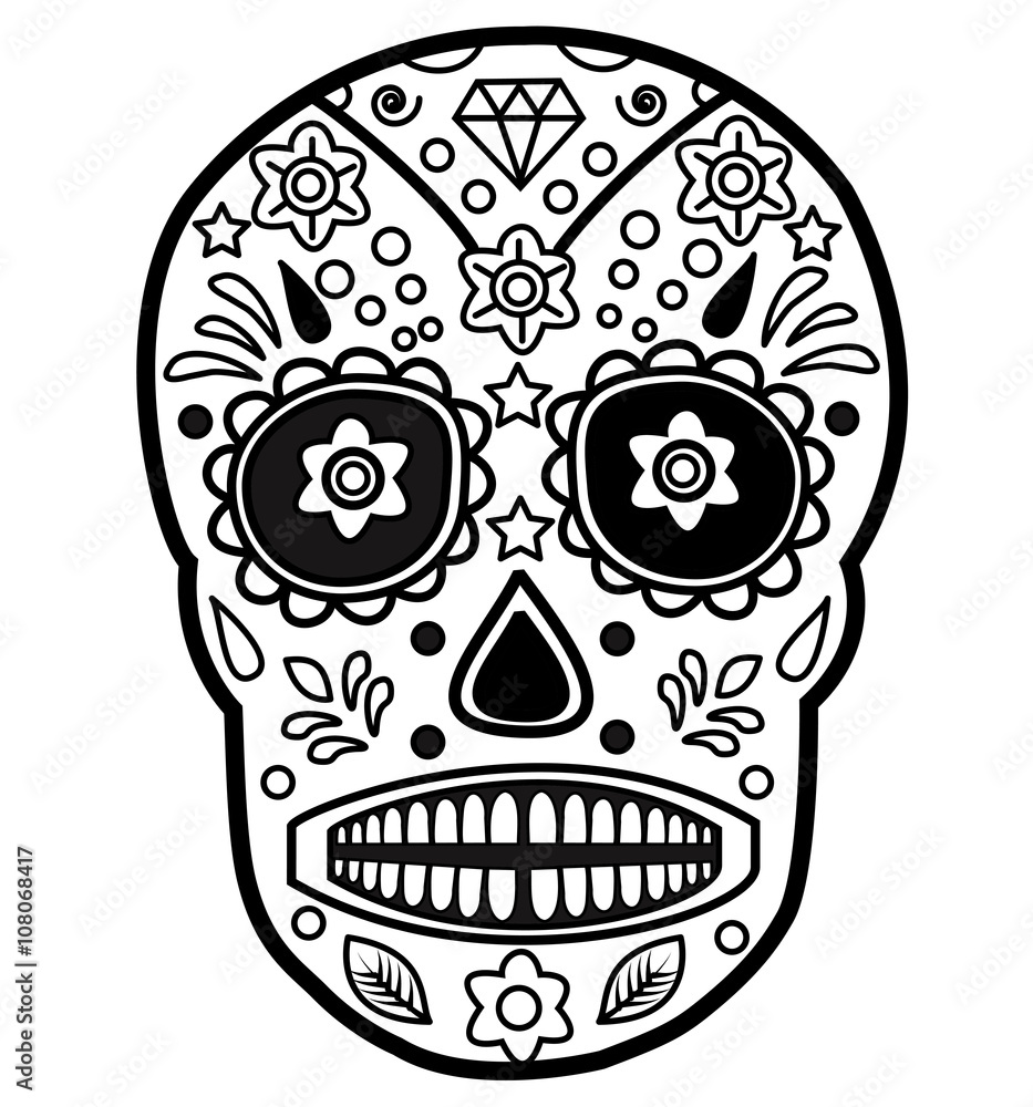 Mexican skull vector for coloring, teschio messicano da colorare vettoriale  Stock Vector