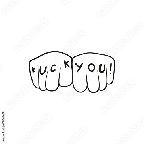 hand showing fingers with letters. fuck you. simple black minimal icon on white background