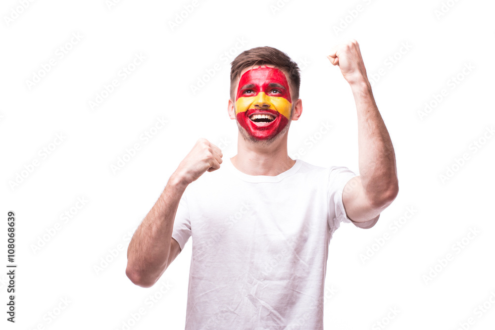 Victory, happy and goal scream emotions of Spain football fan in game support of  Spain national team on white background. European football fans concept.