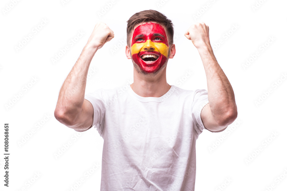 Victory, happy and goal scream emotions of Spain football fan in game support of Spain national team on white background. European football fans concept. Victory, happy and goal scream emotions of Spain football fan in game support of Spain national team on white background. European football fans concept.