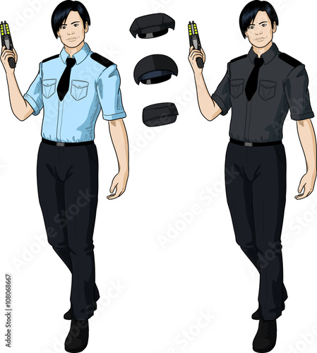 Asian male police officer holds taser