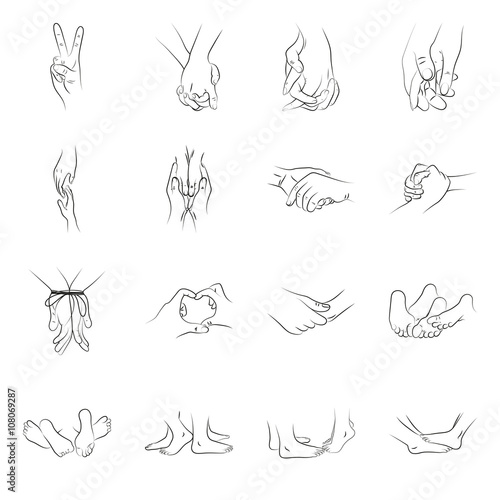 Set of elegant silhouettes in a linear sketch style. Female and male hands and feet