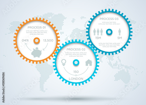Infographic 3d Cogs With Dots World Map Back Drop A