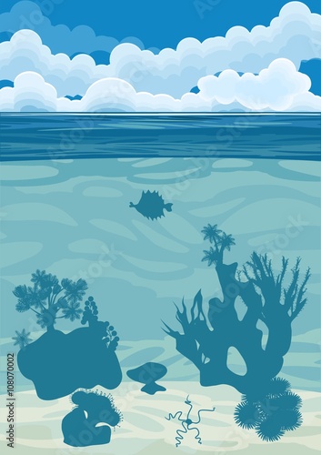 underwater landscape background with silhouettes of coral 