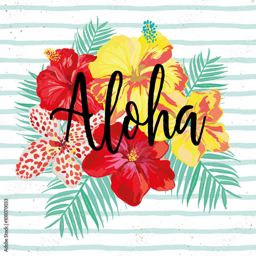 Hibiscus flowers and palm leaves on the striped background. Tropical print for tee shirt with message Aloha. Vector design of the poster or card, decor for home, pillow.
