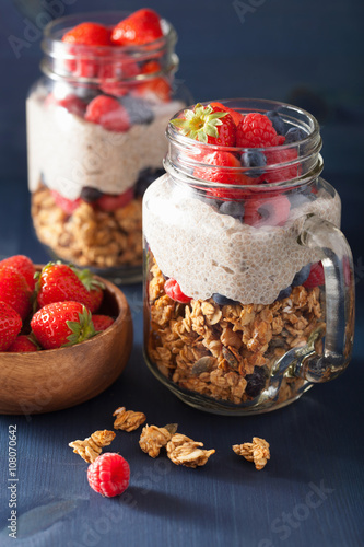 homemade granola and chia seed pudding with berry healthy breakf