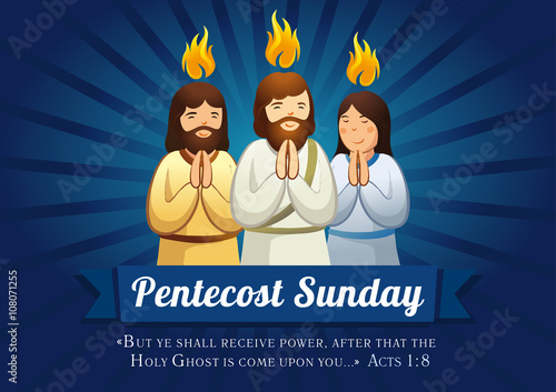 Pentecost sunday banner. Template card on the day of Pentecost as the Apostles praying with tongues of fire above them and text Acts 1:8