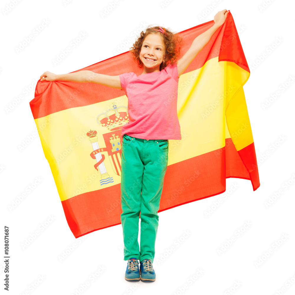 Cute little girl holding Spanish flag behind her - obrazy, fototapety, plakaty 