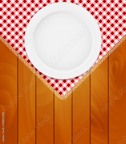 White Eppty Plate on Kitchen Napkin at Wooden Boards Background 