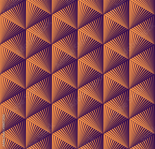 Seamless op art pattern of lined triangles in orange and purple. Stylish, geometric background vector design, hexagonal grid. Simple to edit, without gradient.
