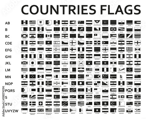 alphabetically sorted monochrome or black flags of the world with official and detailed emblems