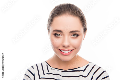 Close up portrait of attractive cheerful woman in striped T-shi