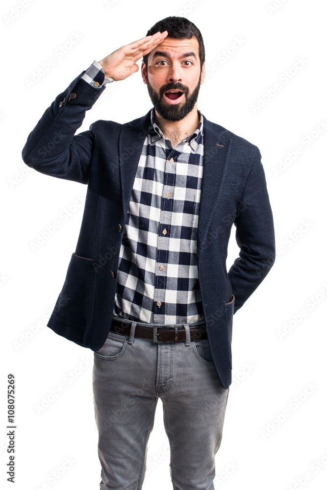 Handsome man showing something Handsome man showing something