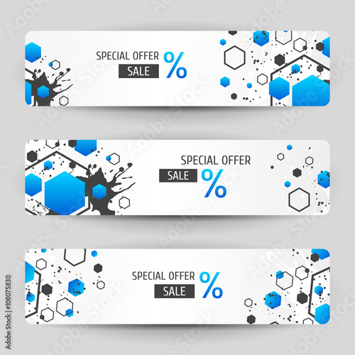 Three banners with blue geometric elements.