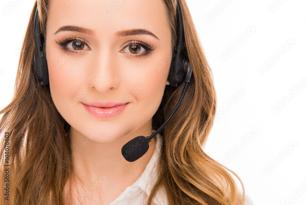 Close up portrait of young cheerful agent of call centre Close up portrait of young cheerful agent of call centre