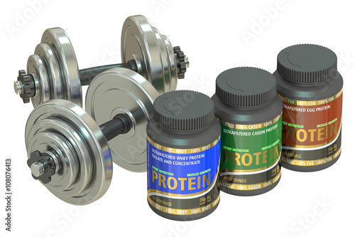 dumbbells and jars of protein, 3D rendering