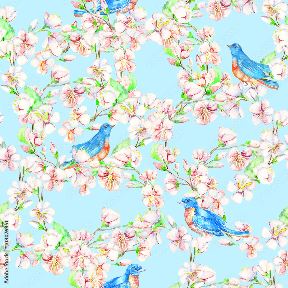 Cherry, apple, flowers, bird. Watercolor seamless pattern.